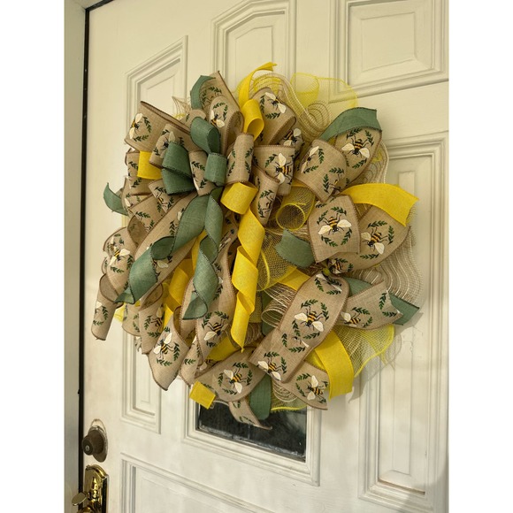 Honey Bee Ribbon Mesh Spring Summer Wreath, Farmhouse Front Door Hanger - Picture 2 of 4